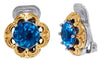 ESTATE LARGE AAA BLUE TOPAZ 18K YELLOW GOLD & 925 SILVER FLOWER CLIP ON EARRINGS