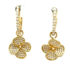 ESTATE .62CT DIAMOND 18KT YELLOW GOLD 3D CLASSIC FLOWER HUGGIE HANGING EARRINGS