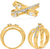 WIDE .55CT DIAMOND 14KT YELLOW GOLD ROUND & BAGUETTE & PRINCESS CRISS CROSS RING