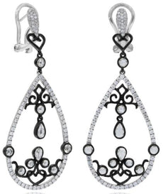 2.51CT WHITE & ROSE CUT DIAMOND 18KT WHITE & BLACK GOLD TEAR DROP LOVE EARRINGS