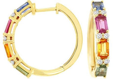 3CT DIAMOND & AAA MULTI GEM 14KT YELLOW GOLD ROUND HUGGIE HOOP HANGING EARRINGS