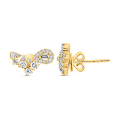 ESTATE .59CT DIAMOND 14KT YELLOW GOLD ROUND & BAGUETTE LEAF FLORAL STUD EARRINGS