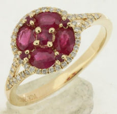 1.15CT DIAMOND & AAA RUBY 14KT YELLOW GOLD 3D OVAL & ROUND FLOWER HALO LOVE RING