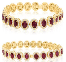12.02CT DIAMOND & AAA RUBY 18KT YELLOW GOLD 3D OVAL & ROUND CUFF BANGLE BRACELET