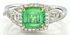 WIDE 1.93CT DIAMOND & AAA EMERALD 18KT 2 TONE GOLD CUSHION HALO ENGAGEMENT RING