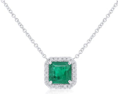 3.02CT DIAMOND & AAA EMERALD 14K WHITE GOLD SQUARE & ROUND OCTAGON HALO NECKLACE