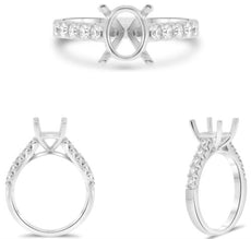 .49CT DIAMOND 14KT WHITE GOLD 3D OVAL & ROUND 4 PRONG SEMI MOUNT ENGAGEMENT RING