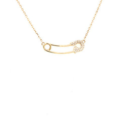 ESTATE .15CT DIAMOND 18KT YELLOW GOLD 3D CLASSIC CURVED SAFETY PIN FUN NECKLACE