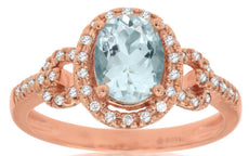 1.28CT DIAMOND & AAA AQUAMARINE 14KT ROSE GOLD OVAL & ROUND LOVE KNOT FUN RING