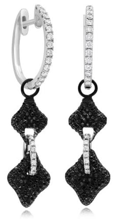 .90CT WHITE & BLACK DIAMOND 18KT WHITE GOLD GEOMETRICAL FLOWER HANGING EARRINGS