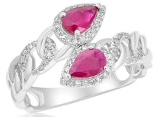 1.08CT DIAMOND & AAA RUBY 14KT WHITE GOLD 3D PEAR SHAPE & ROUND CRISS CROSS RING