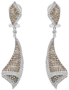 LARGE 3.03CT WHITE & CHOCOLATE FANCY DIAMOND 18KT WHITE GOLD 3D HANGING EARRINGS