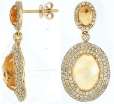 LARGE 7.05CT DIAMOND & AAA CITRINE 14K YELLOW GOLD OVAL & ROUND HANGING EARRINGS