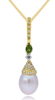 .34CT DIAMOND & AAA GREEN GARNET & SOUTH SEA PEARL 14KT YELLOW GOLD 3D PENDANT