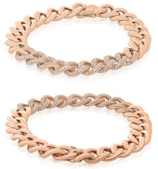 1.26CT DIAMOND 14KT ROSE GOLD 3D ROUND CLASSIC SEMI ETERNITY CUBAN LOVE BRACELET