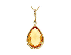 2.97CT DIAMOND & AAA CITRINE 14K YELLOW GOLD PEAR SHAPE & ROUND FLOATING PENDANT