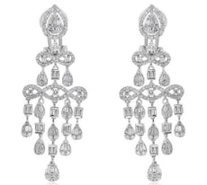 LARGE 2.57CT DIAMOND 18K WHITE GOLD ROUND & BAGUETTE CHANDELIER HANGING EARRINGS