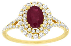 1.4CT DIAMOND & AAA RUBY 14KT YELLOW GOLD OVAL & ROUND DOUBLE HALO FLOWER RING