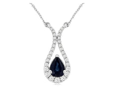1.21CT DIAMOND & AAA SAPPHIRE 14K WHITE GOLD PEAR SHAPE LUCKY HORSESHOE NECKLACE