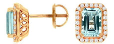 1.95CT DIAMOND & AAA AQUAMARINE 14KT ROSE GOLD 3D EMERALD CUT SCREWBACK EARRINGS
