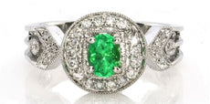 .72CT DIAMOND & AAA EMERALD 18K WHITE GOLD OVAL & ROUND MILGRAIN ENGAGEMENT RING