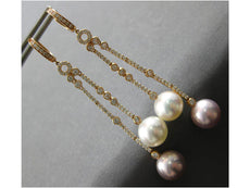 ESTATE LARGE 1.07CT DIAMOND & AAA WHITE & PINK SOUTH SEA PEARL 18KT ROSE GOLD EARRINGS