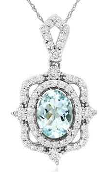 .93CT DIAMOND & AAA AQUAMARINE 14KT WHITE GOLD 3D OVAL & ROUND FLOATING PENDANT