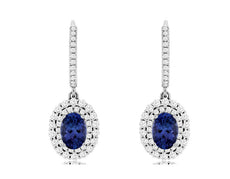 2.5CT DIAMOND & AAA TANZANITE 14KT WHITE GOLD OVAL & ROUND HALO HANGING EARRINGS