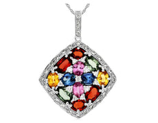 3.70CT DIAMOND & AAA MULTI COLOR SAPPHIRE 14KT WHITE GOLD SQUARE CLUSTER PENDANT