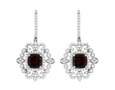 3.20CT DIAMOND & AAA GARNET 14KT WHITE GOLD 3D CUSHION & ROUND HANGING EARRINGS