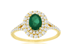 1.20CT DIAMOND & AAA EMERALD 14KT YELLOW GOLD OVAL & ROUND DOUBLE HALO FUN RING