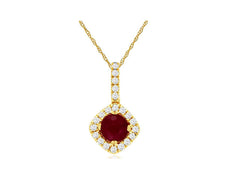 .63CT DIAMOND & AAA RUBY 14KT YELLOW GOLD 3D ROUND HALO SQUARE FLOATING PENDANT