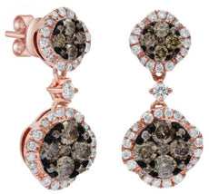 1.26CT WHITE & CHOCOLATE FANCY DIAMOND 14KT ROSE GOLD 3D DOUBLE FLOWER EARRINGS