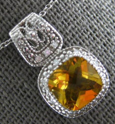1.56CT DIAMOND & AAA CITRINE 14KT WHITE GOLD CUSHION & ROUND 3D FILIGREE PENDANT