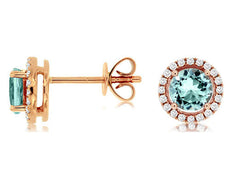 1.03CT DIAMOND & AAA AQUAMARINE 14KT ROSE GOLD CLASSIC ROUND HALO STUD EARRINGS