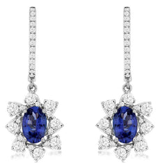 1.62CT DIAMOND & AAA TANZANITE 14KT WHITE GOLD OVAL & ROUND FLOWER FUN EARRINGS