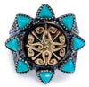 LARGE AAA TURQUOISE 18KT YELLOW GOLD & 925 SILVER HANDCRAFTED FILIGREE STAR RING