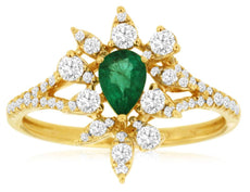 .83CT DIAMOND & AAA EMERALD 14KT YELLOW GOLD PEAR SHAPE & ROUND FLOWER FUN RING