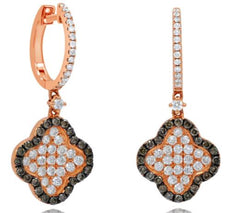1.65CT WHITE & CHOCOLATE FANCY DIAMOND 14KT ROSE GOLD 3D FLOWER HANGING EARRINGS