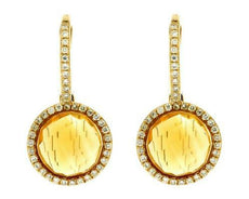 4.01CT DIAMOND & AAA CITRINE 14K YELLOW GOLD 3D ROUND LEVERBACK HANGING EARRINGS