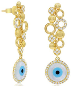 2.76CT DIAMOND & AAA MOTHER OF PEARL 14KT YELLOW GOLD EVIL EYE FUN OVAL EARRINGS