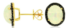 3.70CT BLACK DIAMOND & AAA OPAL 14KT YELLOW GOLD 3D OVAL & ROUND STUD EARRINGS