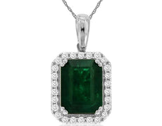2.35CT DIAMOND & AAA EMERALD 14K WHITE GOLD EMERALD CUT & ROUND FLOATING PENDANT