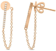 .08CT DIAMOND 14KT ROSE GOLD 3D ROUND CLASSIC DOUBLE SIDED BAR HANGING EARRINGS