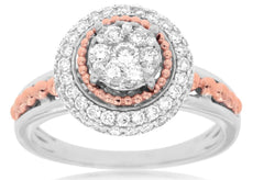 .68CT DIAMOND 14KT WHITE & ROSE GOLD CLUSTER FLOWER BEADED HALO FRIENDSHIP RING