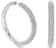 LARGE 3.84CT DIAMOND 14K WHITE GOLD CLASSIC MULTI ROW PAVE HOOP HANGING EARRINGS
