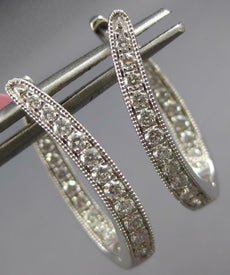 ESTATE .65CT DIAMOND 14K WHITE GOLD INSIDE OUT OVAL HUGGIE HOOP HANGING EARRINGS