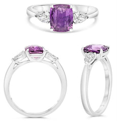 2.41CT DIAMOND & AAA PUERPLE SAPPHIRE PLATINUM CUSHION & PEAR SHAPE 3 STONE RING