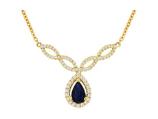 .78CT DIAMOND & AAA SAPPHIRE 14K YELLOW GOLD 3D PEAR SHAPE & ROUND LOVE NECKLACE