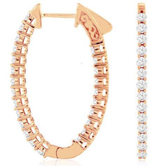 1.50CT DIAMOND 14KT ROSE GOLD ROUND INSIDE OUT OVAL HUGGIE HOOP HANGING EARRINGS